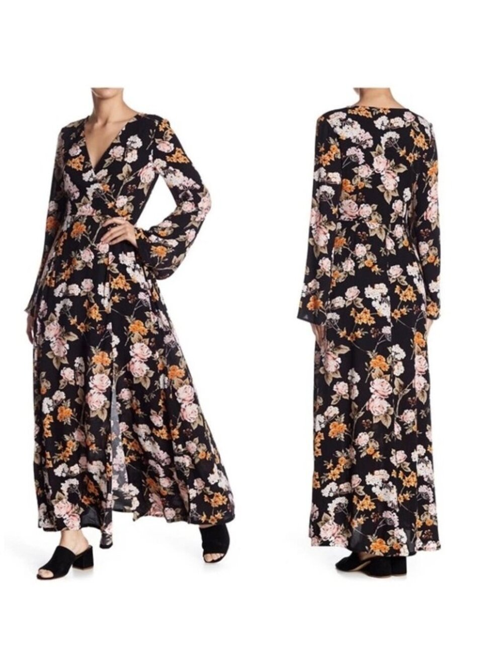 Abound Maxi Dress Small Floral Faux Wrap Flare Sleeve Black Multi Whimsigoth